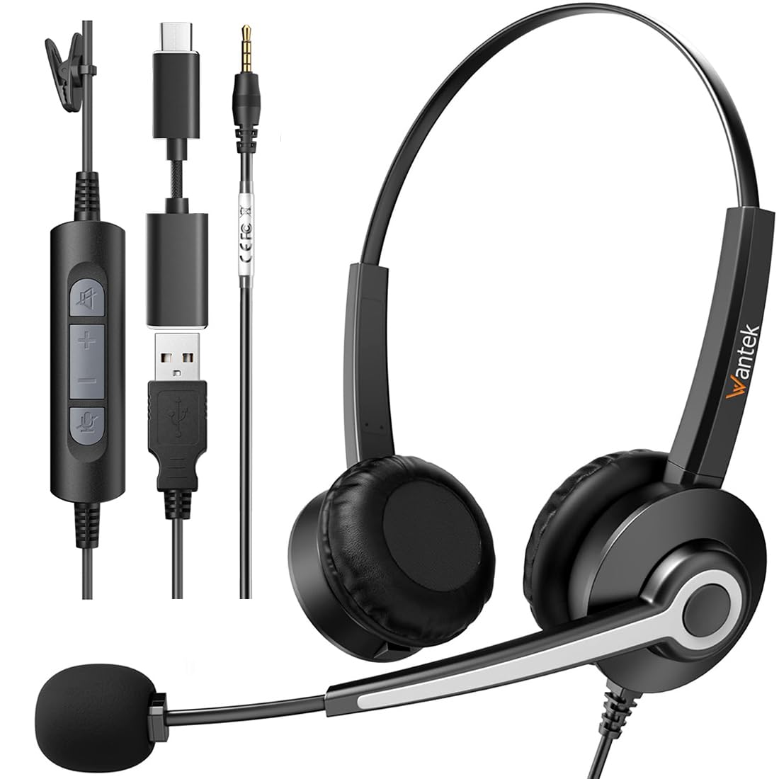 Wantek Cuffie con microfono USB 3,5 mm Jack Tipo C Adattatore Professioanl Cuffie con Cancelling Mic per Call Center Business Online Chat Corsi PC Smartphone MacBook