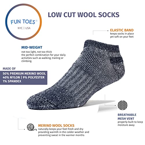 Fun Toes Men's Merino Wool Low Cut Socks - Strong Arch Support - Cushioned Bottom - Ideal For Hiking Trekking- 6 Pairs (Blue) #TOP1