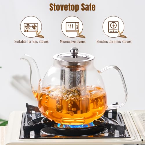 Image of PARACITY Glass Teapot Stovetop 40 OZ /1200ml, Tea pot with Removable 18 /8 Stainless Steel Infuser, Borosilicate Clear Tea Kettle, Teapot Blooming and Loose Leaf Tea Maker Tea Brewer for Camping
