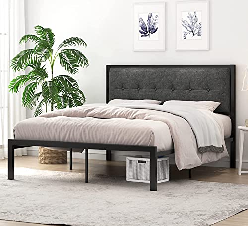 SHA CERLIN Queen Size Upholstered Platform Bed Frame with Button Tufted Headboard and Metal Slats - No Box Spring Required, Noise Free, Easy Assembly, Dark Grey