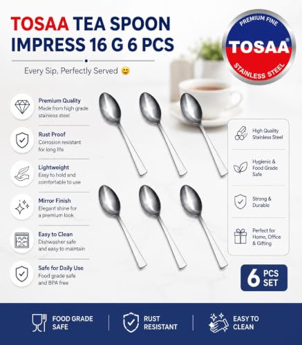 Image of Tosaa Tea Spoon Impress 16G-6-Piece Stainless Steel Spoon Set, Set of 6 for Everyday Use,Rust-Resistant & Dishwasher Safe