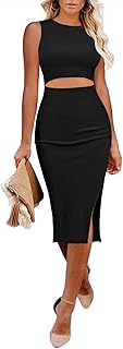 Women's Crew Neck Sleeveless Cutout Side Slit Knee Length Bodycon Midi Dress - Buy now