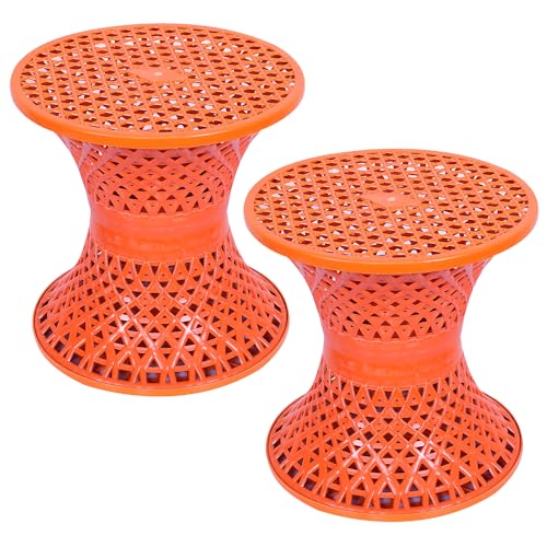 Image of Kuber Industries Seating Stool | Plastic Mesh Damroo Stool | Both Sided Stool for Guestroom | Damroo Style Stool | Stool for Graden | Stool for Balcony | Pack of 2 | Red