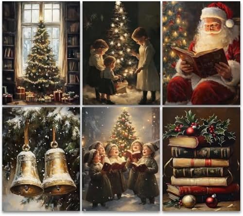 6 PCS Christmas Tree Canvas Wall Art Winter Santa Claus Painting Poster Christmas Book Wall Decor Christmas Tree Picture for Living Room Bathroom Bedroom Home Decoration 8*10 in(Poster No Frame)