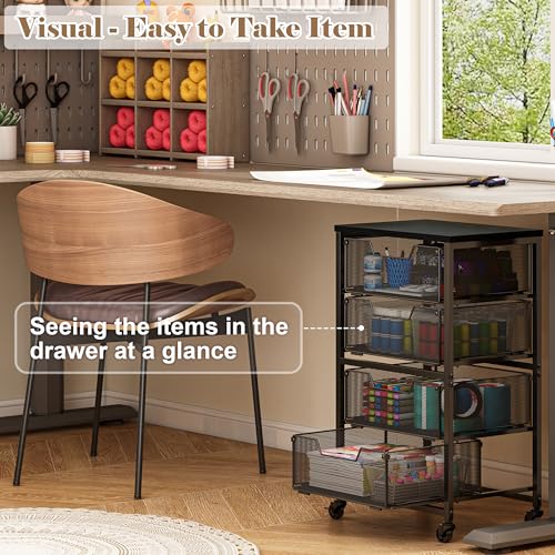 Image of Rolling Cart with Drawers, 4-Drawer Storage Cart on Wheels with Wooden Top, Metal Utility Cart with Storage Drawers, Craft Storage Art Cart for Classroom, Office, Kitchen, Bedroom,Patent Pending