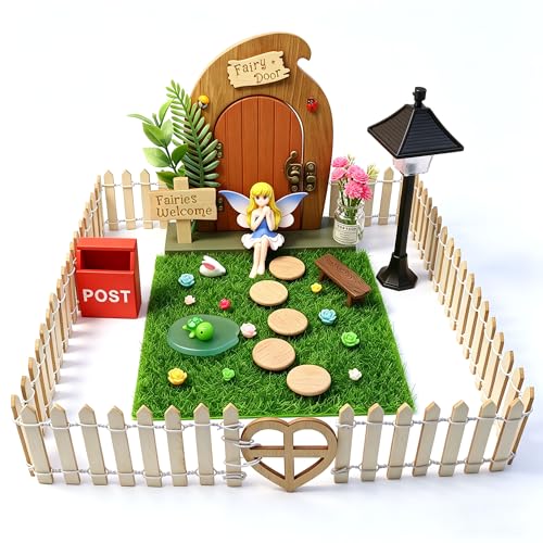 Fairy Door Kit that Opens with Mystery Fairy Figurine and Light-up Street Lamp for Desktop Garden, Opening Wooden Tooth Fairy Door for Wall Miniature Fairy Garden Set 34 Pcs