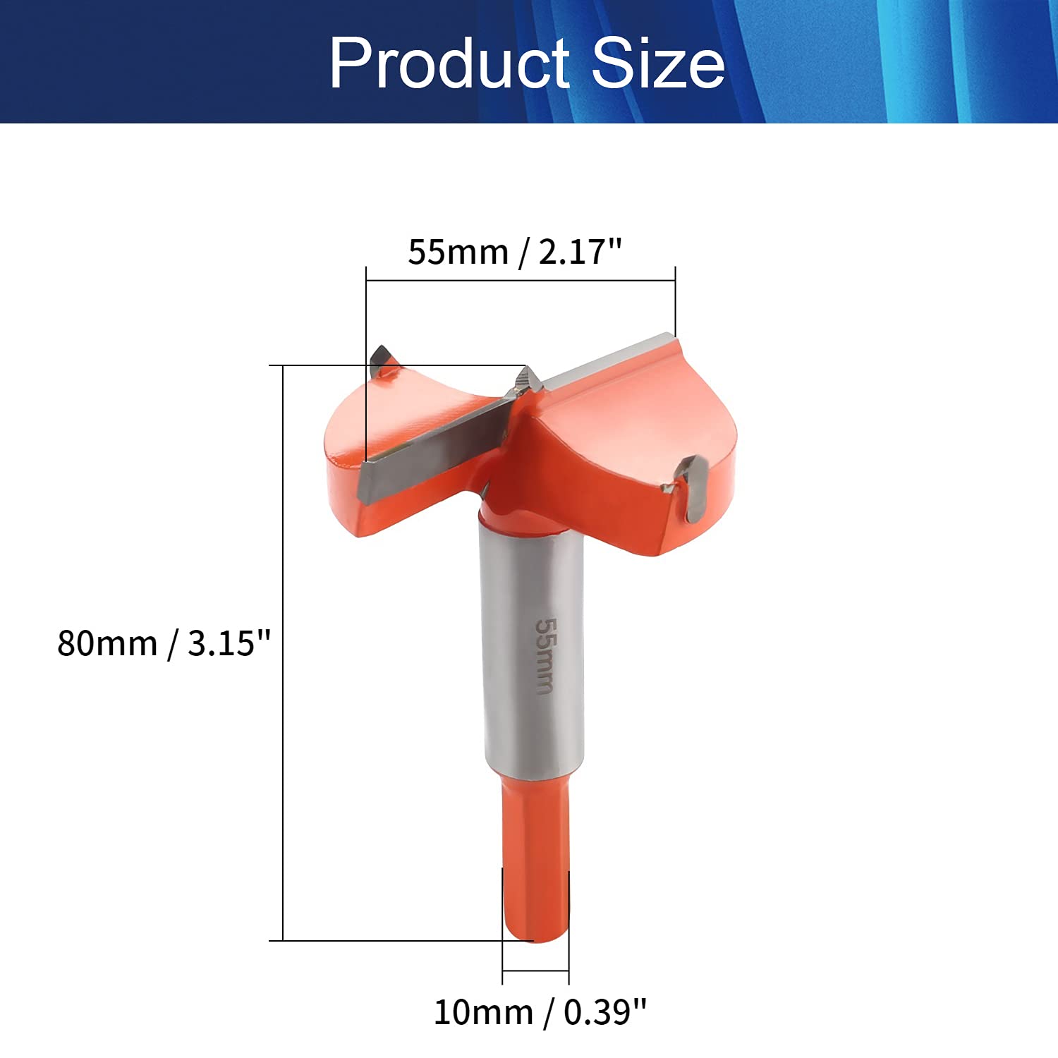 Wenheww 1Pc Forstner Drill Bits, 55mm/2.17" Carbide Wood Hole Saw Auger Opener, Woodworking Hole Saw Drilling Tool, 85mm Length 10mm Hex Handle Dia Cutter Tool for Wood Plastic Plywood, Orange