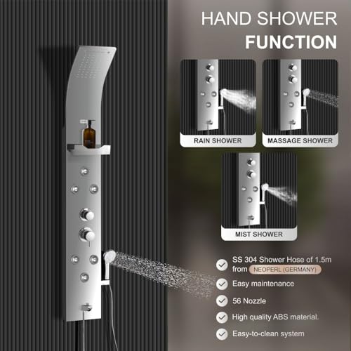 Image of Jaaz Hydra Matte Shower Panel for Bathroom Full Set with Rain & Waterfall Overhead Shower, 6-Body Jets, 5-Function Mixer & Diverter, Shampoo Rack, Hand Shower & Tub Spout (Steel Matte)
