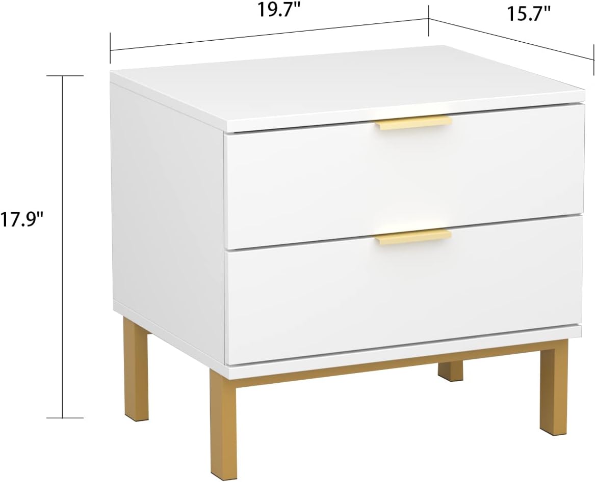 ECACAD Set of 2 Nightstands with 2 Storage Drawers & Gold Metal Legs, Modern Bedside Table Sofa End Side Table, White (19.7" L x 15.7" W x 17.9" H)
