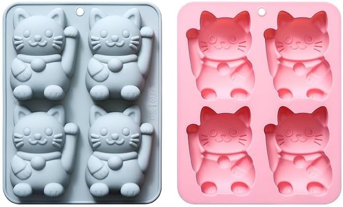 Lucky Cat Silicone Mold, 4-Cavity Baking Molds for Chocolate and Soap Making, Gray and Pink, 2-Pack