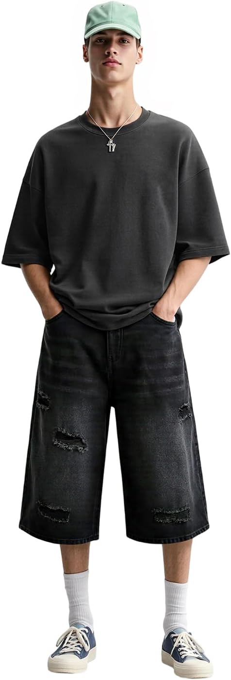 Heyfanee Mens Baggy Jean Shorts Ripped Loose Fit Long Denim Shorts Below Knee 14 Inch Inseam - Image 8