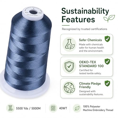 Image of Simthread Embroidery Machine Thread 5000M 40WT Polyester, Smokey Blue S062 | 5000M 40WT polyester thread feeds smoothly for home or commercial embroidery projects.