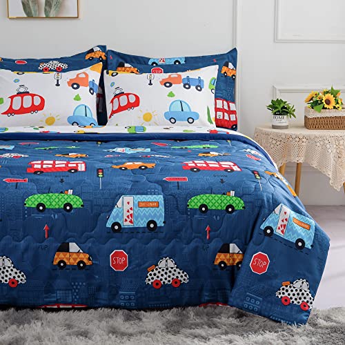 Wajade Cartoon Cars Comforter Set Bed In A Bag Full Size Colorful Cars Bus Van Traffic Lights Bedding Set For Boys Kids (1 Comforter, 1 Flat Sheet, 1 Fitted Sheet, 2 Pillowcase And 2 Pillow Sham) #TOP3