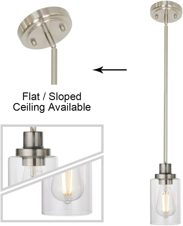 Image showing the MELUCEE Mini Pendant Light with an illustration of its compatibility with flat and sloped ceilings.