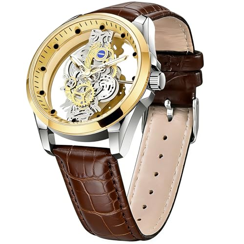 Montre à quartz squelette Tiong en cuir marron étanche pour homme