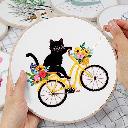image for Louise Maelys Cute Cat Embroidery Kits for Beginners with Flower Bike 