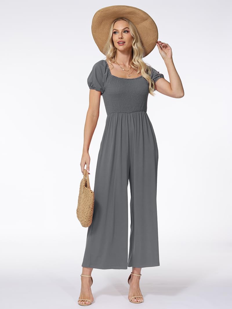 レディース 夏 カジュアル ジャンプスーツ ワンピース アウトフィット スクエアネック 半袖 ワイドレッグ ロンパース ポケット付き