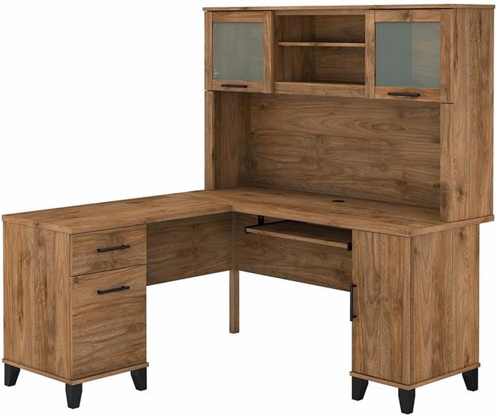 Pemberly Row 60W L Shaped Desk with Hutch, Fresh Walnut Finish, Engineered Wood, Keyboard Tray, Storage Cabinet, File Drawer, Adjustable Shelf, Home Office Desk for Computer and Organization