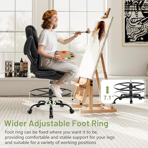 Image of 500LBS Drafting Chair, High Back Safer Standing Desk Chair, Executive Tall Office Chair with Flip-up Armrests, Upholstered PU Leather Task Chair, Ergonomic Seat with Adjustable Height&Foot Ring, Black