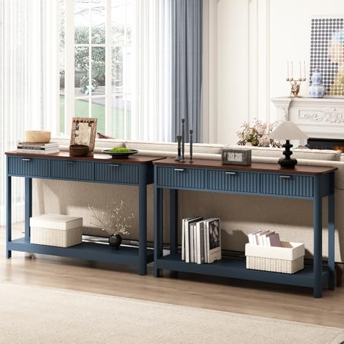 HOKYHOKY Set of 2 Console Table with Drawers, Modern 47.1" Entryway Table with Storage Shelf, Boho Narrow Skinny Behind Couch Wood Sofa Table for Living Room Hallway Entrance Foyer,Blue