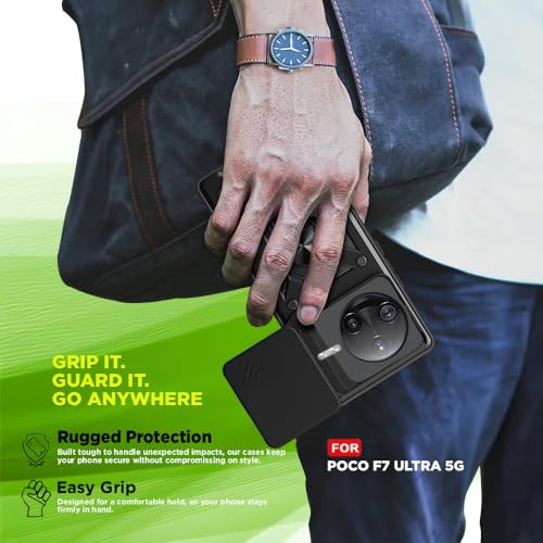 Image of Luxe Back Cover for Poco F7 Ultra 5G | D10 Tough Armor | Sliding Camera Shield | 360 Protection | Kickstand Ring Holder | Military-Grade Shockproof Bumper