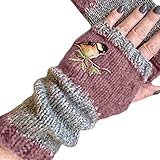 LEJIA Guantes de punto de invierno para mujer, sin dedos, bordado de pájaros, bloque de color, mitad, color rosa, rosa, 24x8cm(9.45x3.15in)