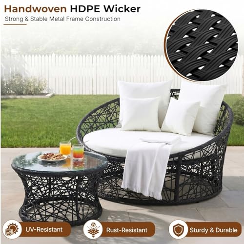 Image of DEVOKO Black & White Outdoor Wicker & Rattan Daybed For Poolside, Garden, Balcony, Patio, Beach, Terrace, Porch, Backyard - Unique Round Sofa Furniture, 139 Centimeters, 122 CM, 76 CM
