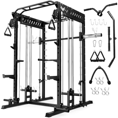JELENS M21 Smith Machine, Multi-Function Power Cage with Dual Pulley Cable Crossover System, 2000LBS All-in-One Squat Rack with Smith Bar and Attachments for Home Gym(Black, M21 Smith Machine)
