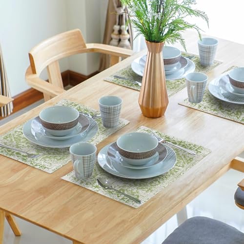 Image of Gray Lime Green Boho Placemats Set of 4 Ethnic Bohemian Carpet Place Mats Washable Kitchen Dining Vintage Grey Geography Floral Linen Table Mats Stain Heat-Resistant for Home Party Indoor 12x18 in