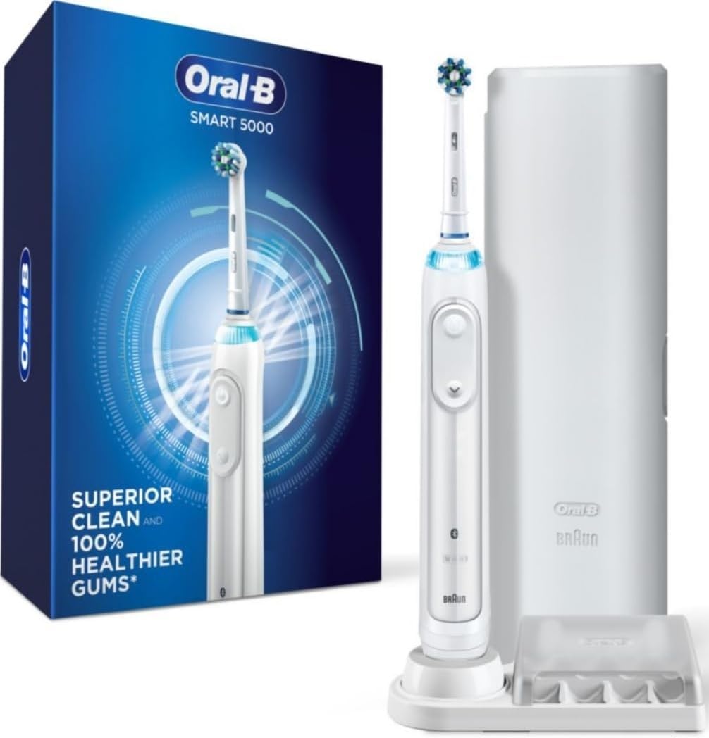 Smart 5000 Rechargeable Electric Powered Toothbrush, Black with Travel Case and Bluetooth - Visible Pressure Sensor to Protect Gums - 5 Cleaning Modes - 2 Minute Timer
