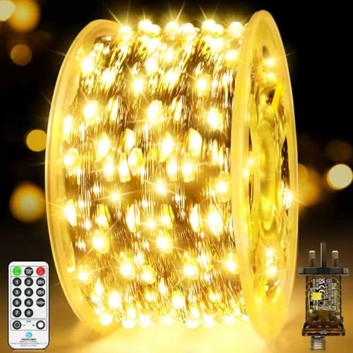 170 FT 500 LED Christmas Tree Lights Outdoor Fairy Lights Plug in Green Copper Wire String Lights Waterproof with Remote Timer 8 Modes for Outside Bush Branch Plants Garden Decoration Warm White