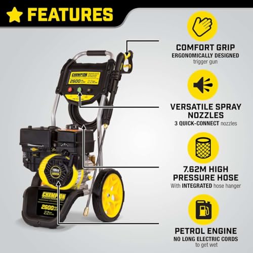 Champion Power Equipment Petrol Pressure Washer, Jet/Power Washers for Patio and Car, High pressure, 2600 PSI, 179 Bar, 196cc, 3 Quick Connect Nozzle, Portable Patio Cleaner, Driveway, Garden 100382