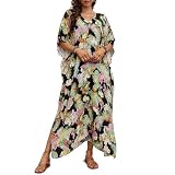 Plus Size Women Kaftan Dress Polyester Long Beach Cover Up Maxi Mumu Dresses for Bathing Caftan (Black Leaf)