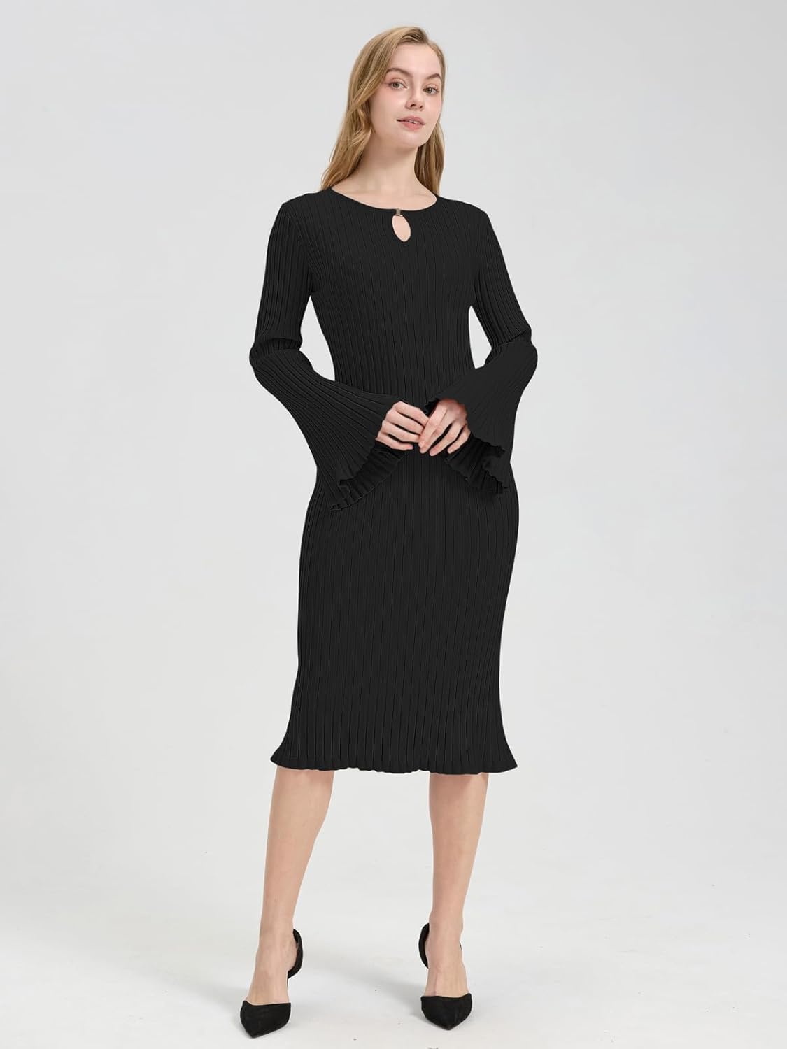 Womens Long Sleeve Midi Dress Ruffle Fitted Casual Work Dress Spring Fall Knit Sweater Dresses for Women - Image 3