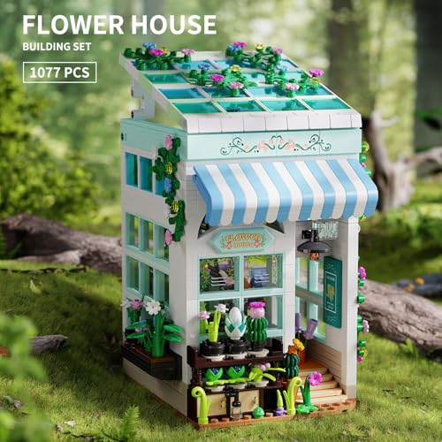 TYCOLE Flower House Building Set with LED Lights, 1077 PCS City Greenhouse Building Block Toy, Garden House Architecture Book Nook Home Decor Birthday Gift for Adults or Girls 8-12 Years