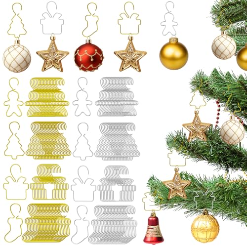 JULBEAR 120 Pcs Christmas Ornament Hooks Gold Silver Decorative Hooks Bendable Metal Wire Hanging Hooks Tree Present Stocking Gingerbread Man Hooks for Xmas Holiday Home Decor