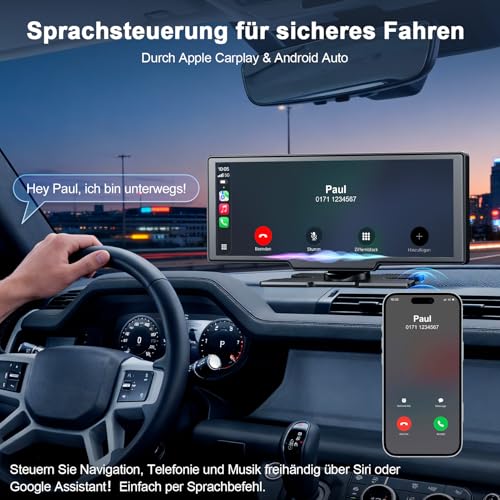 Carplay Display für Apple Car Play Android Auto, 10,26 Zoll Tragbares Wireless CarPlay mit 1080P Rückfahrkamera, GPS Navigation, Bluetooth 5.2 Sprachsteuerung Mirror Link AUX FM, unterstützt TF Karte