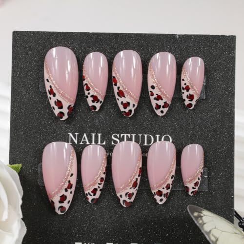 Image of Leopard Print French Tip Press on Nails Medium Almond Fake Nails for Women | Gold Glitter Line Nail Press ons Glossy Full Cover False Nail with Design Fall Stick on Nails for Women Manicure 24Pcs