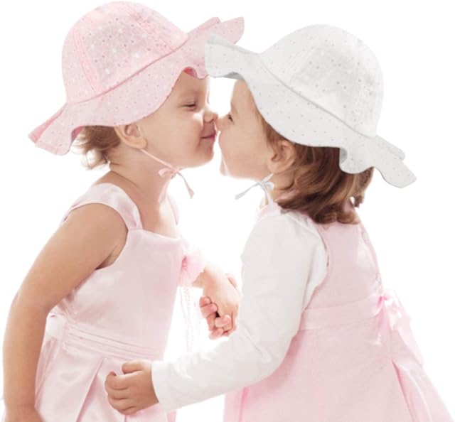 Heqishun 2 Pack Baby Sun Hats, Twins Baby Gift, Wide Brim Baby Sun Hat UV Protection Hat for Baby Girls (12-36 Months) Pink, White