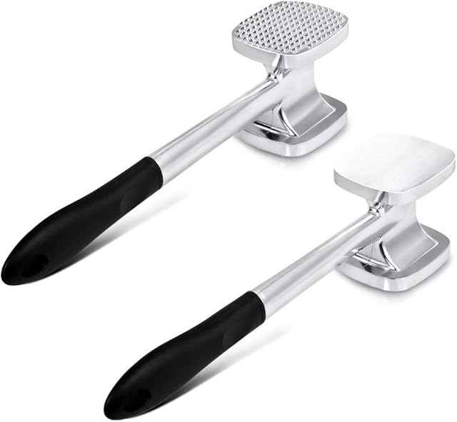 TIMESETL Wytrzymały aluminiowy młotek do mięsa, 28 cm, dwustronny, 140 kolczastych i płaskich powierzchni, kurczak, mięso, młotek, narzędzie kuchenne - czarny uchwyt
