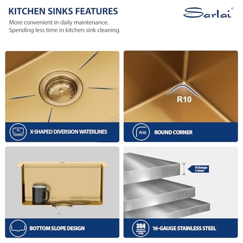 Sarlai 21 Gold Kitchen Sink with Faucet- 21x20 Inch Drop In Kitchen Sink Gold Ledge Workstation Sinks 16 Gauge Stainless Steel Single Bowl Topmount Sinks with Pull-out Faucet by Sarlai - Used condition - Image 5