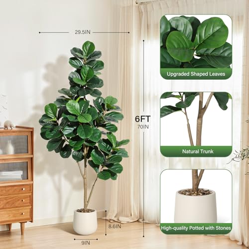 6FT Fiddle Leaf Fig Tree Artificial with 108 Leaves - Realistic Faux Ficus Lyrata Trees in 9" White Planter Pot, Indoor Fake Floor Plants for Home Office Living Room Decor, Housewarming Gift by GarveeHome - Image 3
