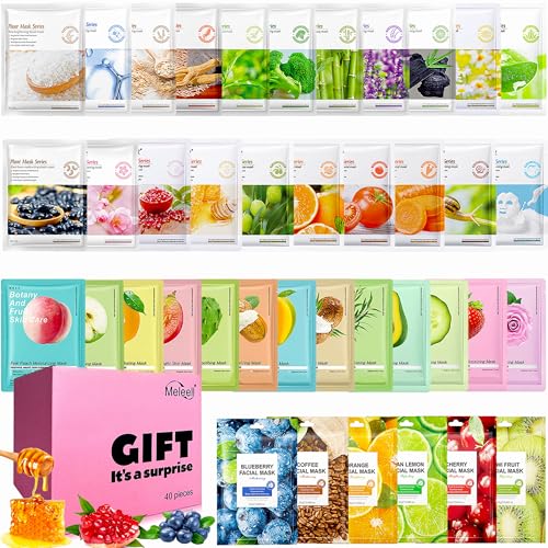 Meleell 40 Pack Collagen Face Masks Skincare Bulk for All Skin Types,Hydrating Spa Face Mask for Sensitive Skin, Facial Mask Sets For Women Skin Care,Face Mask Sheet Gifts Set for Teen Girls
