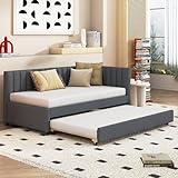 Brisca Upholstered Linen Daybed with Trundle,Twin Size Sofa Bed Frame W/Wooden Slats,for Bedroom,Apartment,Studio,Gray