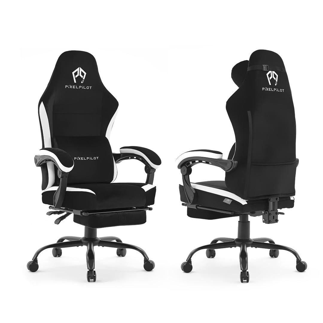 PixelPilot Gaming Stuhl Ergonomisch mit Fußstütze, Atmungsaktiver Stoff Gamer Stuhl, Bürostuhl mit Kopfstütze & Lendenstütze, Breite Sitzfläche, 150 kg (Schwarz)