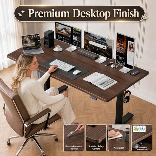 Image of Grandder 47x32 Large Electric Standing Desk, Height Adjustable Computer Desk with 2 Memory Presets, 31.5 inch Deep Desktop Sit Stand Desk Home Office Desk Workstation Table with Hooks, Walnut