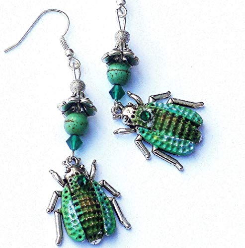 Silver Plated Turquoise Blue and Green Scarab Beetle Bug Dangle Earrings Whimsical Boho Jewelry for Young Women