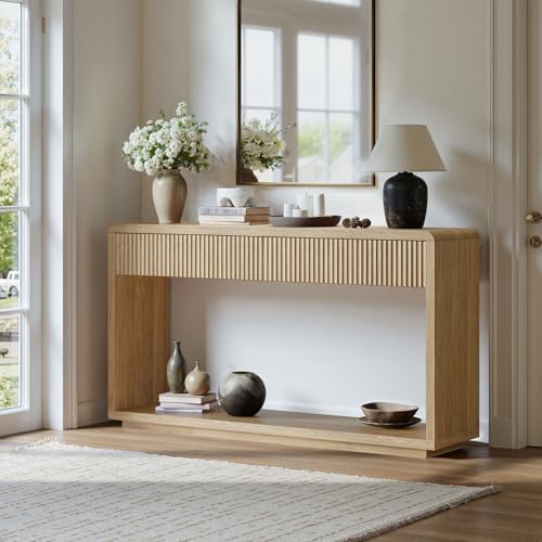 Evermagin 59'' Oak Entryway Table with Drawers, Boho Fluted Console