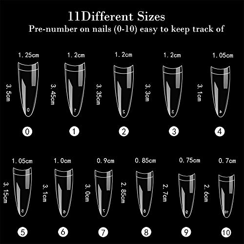 Noverlife 1100Pcs C Curved Half Cover Almond False Nail Tips, Clear & Natural, 11 Sizes, Acrylic Long Fake Nails, Nail Art Mani Pedi Artificial Finger Nail Tips For Nail Salon Home Diy Nail Decor #TOP1