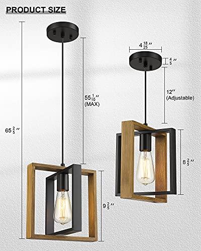 Ken & Ricky Farmhouse Pendant Light Fixture, Soild Wood Hanging Light, Rustic Kitchen Island Lighting With Matte Black Metal Frame For Entryway Dinning Room Bathroom Bedroom - 1 Pack #TOP3